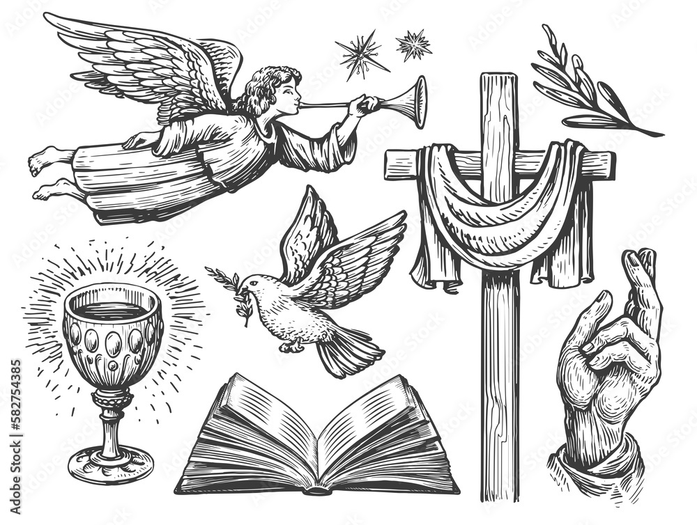 Hand drawn collection of religious illustrations in vintage engraving style. Faith in God, concept sketch - obrazy, fototapety, plakaty 