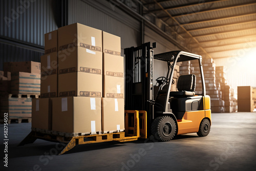 Forklift loads pallets boxes, generative ai © jambulart