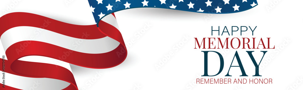 Memorial Day banner, website or newsletter header. Background with American national flag ribbon. United States of America holiday celebration concept. Vector illustration.