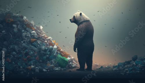 A giant bear with a huge pile of garbage. Generative AI.