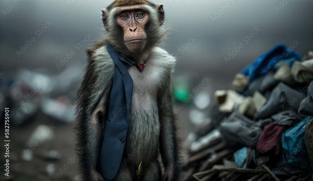 A monkey standing among the piles of plastic with looking for food and accommodation, Concept of saving the world. Generative AI.
