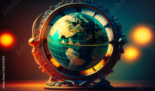 An innovative globe manipulation background with clocks representing different time zones