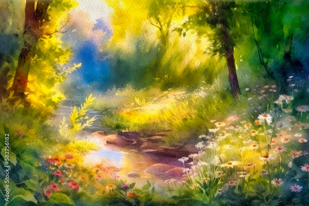 Watercolor paintings  summer landscape, lake in the woods, morning in the forest, the sun and the forest