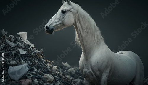 white horse stands near a pile of plastic with looking for food and accommodation  Concept of saving the world. Generative AI.