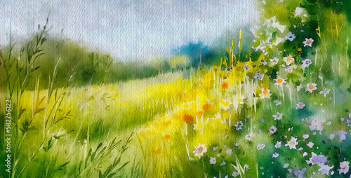 Watercolor paintings landscape, spring flowers in the meadow, grass and flowers, yellow flowers background