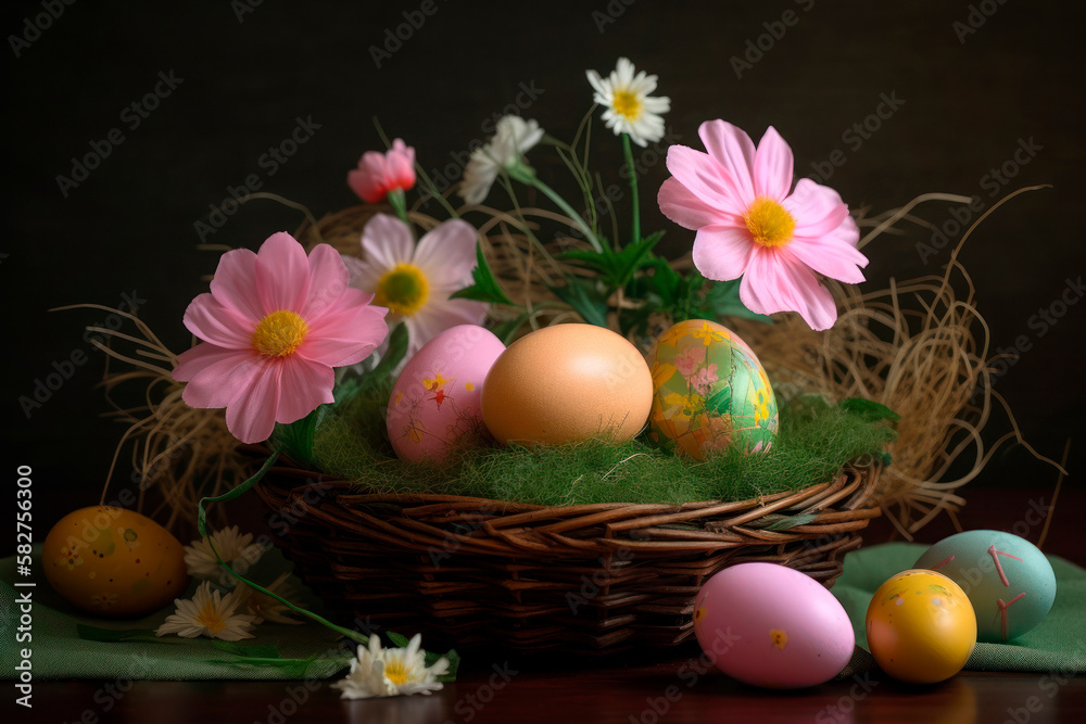 Easter Composition With Eggs, Basket And Flowers On Table At Home, Still Life Easter Composition With Eggs, Basket And Flowers On Table At Home, Still Life