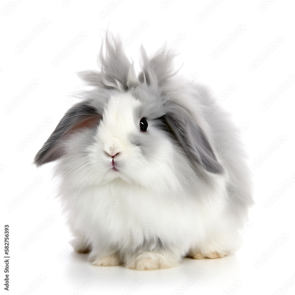 Isolated Easter white fluffy bunny is sitting and looking at the camera, created with Generative AI technology. White background.