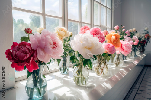 Peony Flowers in Vases On Table Near Window, Flower Exhibition photo