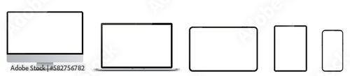 Set of mockup technology devices with empty white display: computer, laptop, tablet and mobile phone - vector