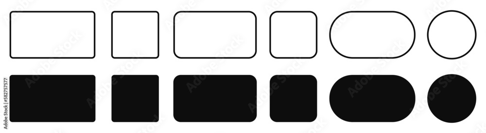 Set of geometric shapes quadrangle, circle icons collection, sharp and slightly rounded version - vector