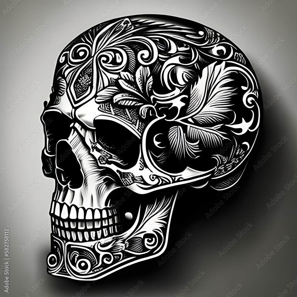 ai generated illustration of black and white human skull covered in ...