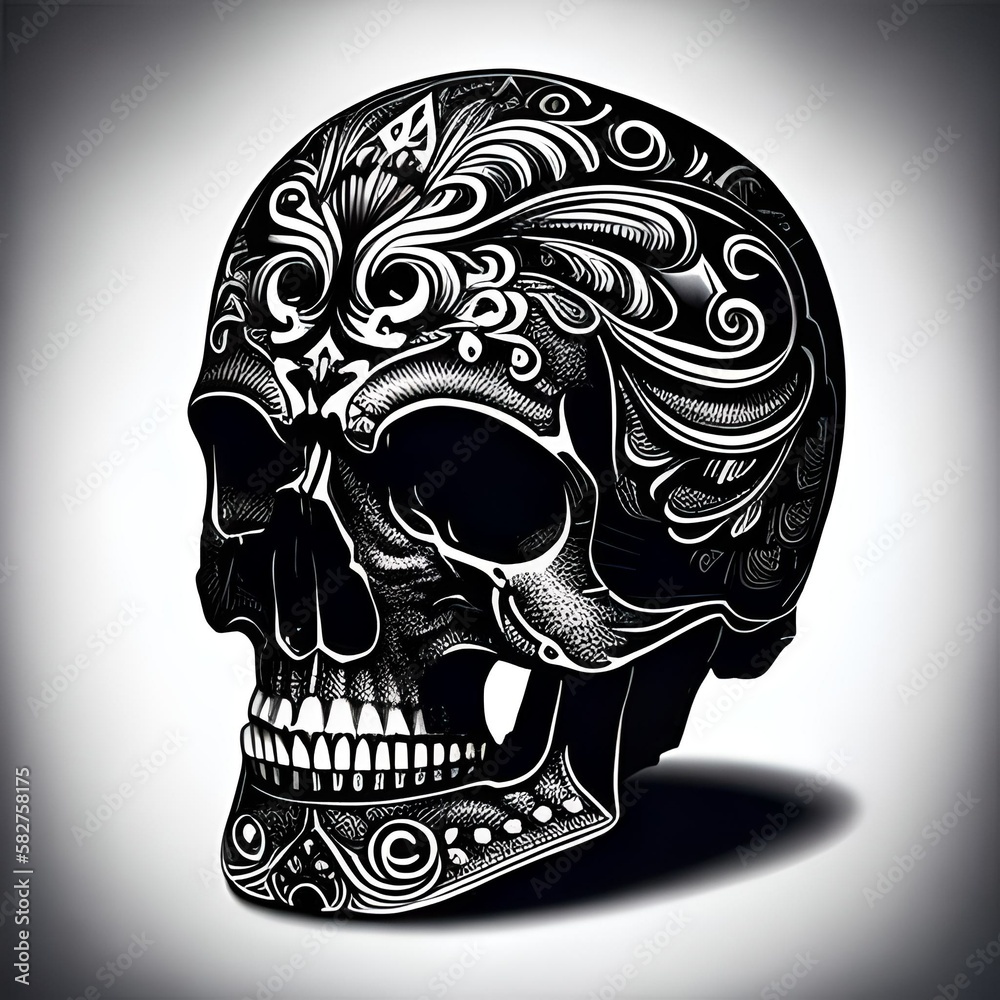 ai generated illustration of black and white human skull covered in ...