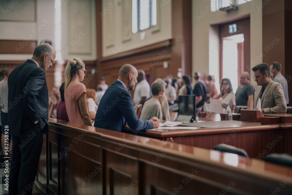 Courtroom interior, trial. Judge, lawyers, jury, law and justice concept. Generative AI Courtroom interior, trial. Judge, lawyers, jury, law and justice concept. Generative AI