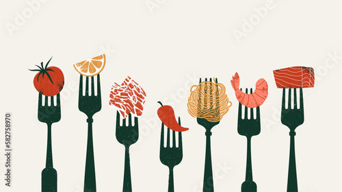 Forks with various food. Tomatoes with lemon and shrimp with pepper and salmon. Horizontal food design template. Vector illustration