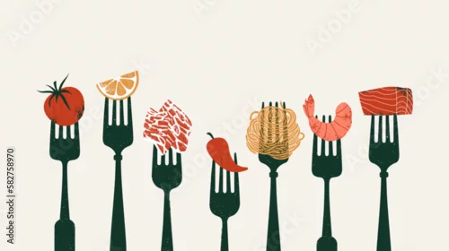 Obraz Forks with various food. Tomatoes with lemon and shrimp with pepper and salmon. Horizontal food design template. Vector illustration