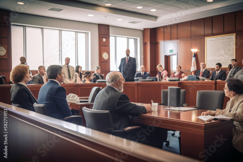 Courtroom interior, trial. Judge, lawyers, jury, law and justice concept. Generative AI photo