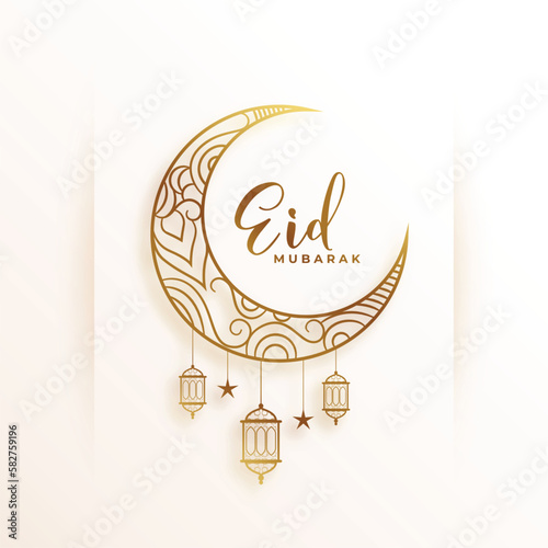 elegant eid mubarak greeting card with golden moon and lantern