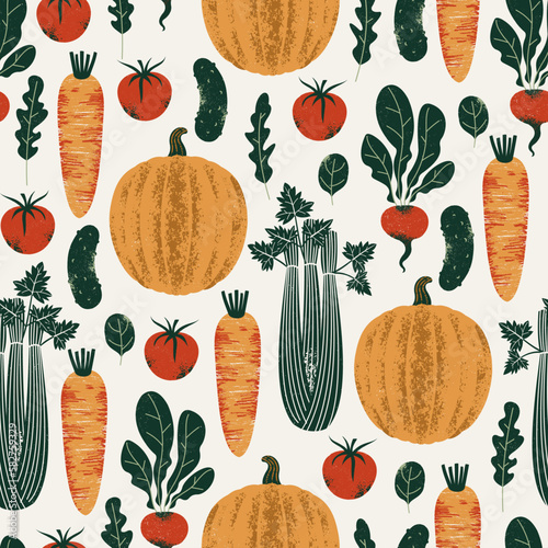 Organic vegetables seamless pattern. Pumpkin with celery and carrot with tomato and cucumber. 