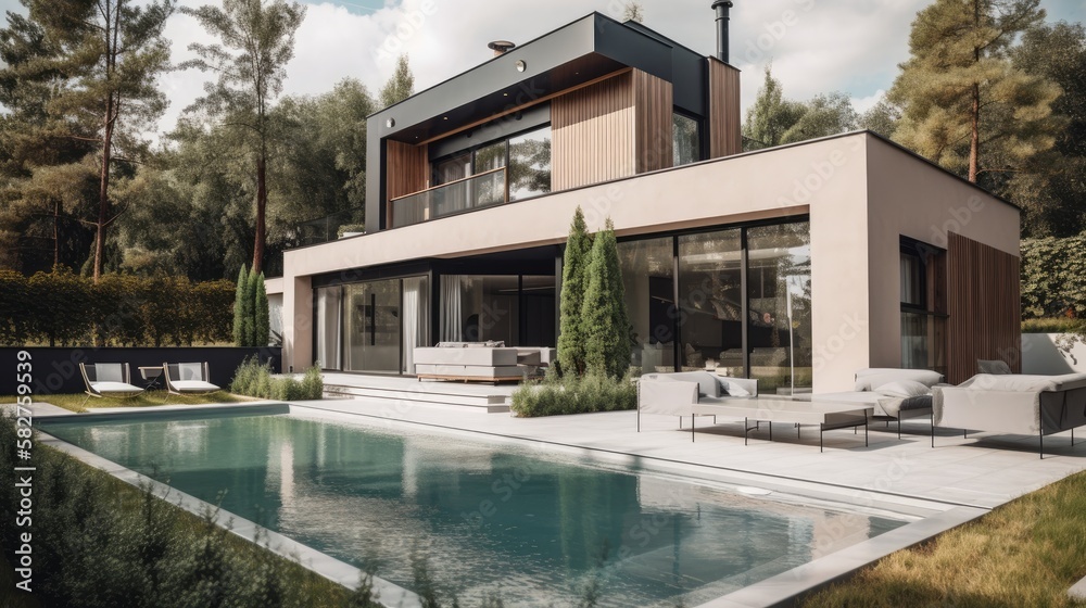 Beautiful modern house with a cozy patio area and swimming pool. generative ai Beautiful modern house with a cozy patio area and swimming pool. generative ai
