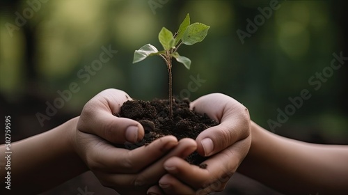 environment Earth Day In the hands of trees growing seedlings. Bokeh green Background Female hand holding tree generative ai