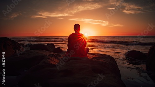 Meditation at sunset. generative ai