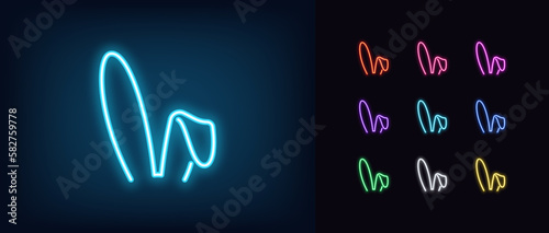 Outline neon bunny ears icon set. Glowing neon rabbit ears silhouette, Easter hare pictogram. Cute bunny ears headband for Easter, rabbit costume mask, festive decoration for head.