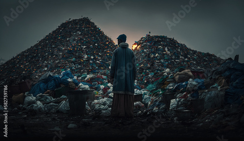 Image of a man with a big pile of garbage,stands among the piles of plastic waste looking for food and shelter, Concept of saving the world. Generative AI.