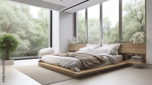 Modern bed room with a window and flowers. generative ai © Creative Station