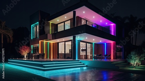Modern villa with colored led lights at night. generative ai © Creative Station
