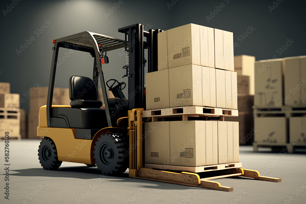 Forklift loads pallets  boxes, generative ai