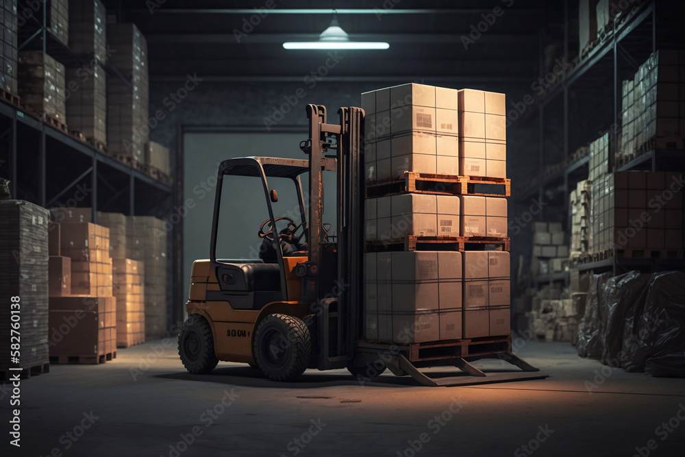 Forklift loads pallets  boxes, generative ai