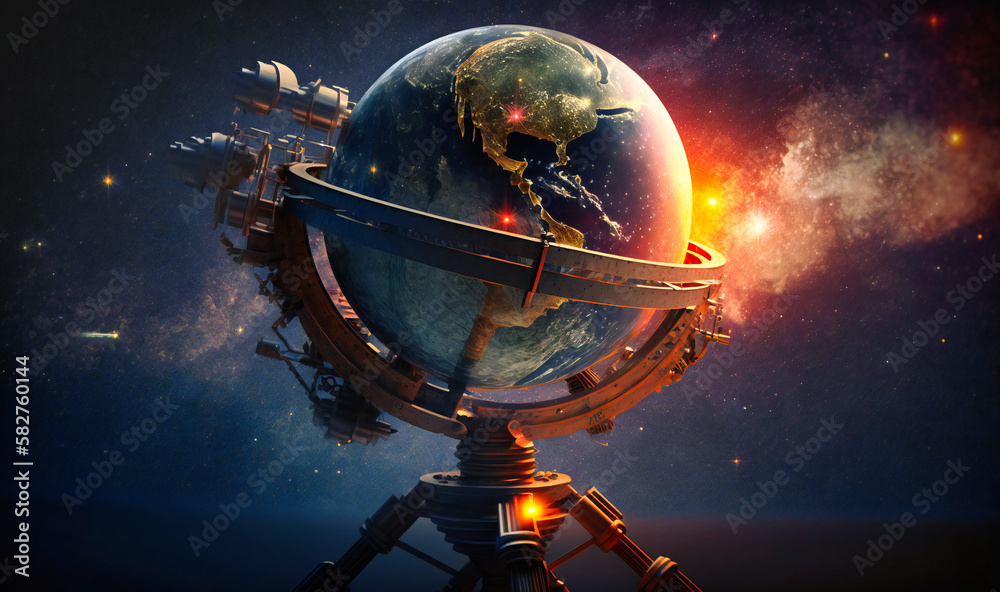 A stunning globe manipulation background with telescopes and stars representing global astronomy and exploration