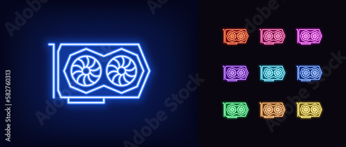Outline neon gaming video card icon set. Glowing neon graphics card with two cooler fans, GPU device pictogram. Graphics processor for PC, device for crypto mining, computer hardware.