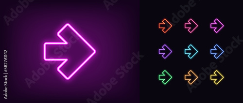 Outline neon arrow icon set. Glowing neon pointer sign, arrowhead pictogram. Straight arrow, cursor and interface navigation, go arrow direction, motion pointer, arrowhead move.