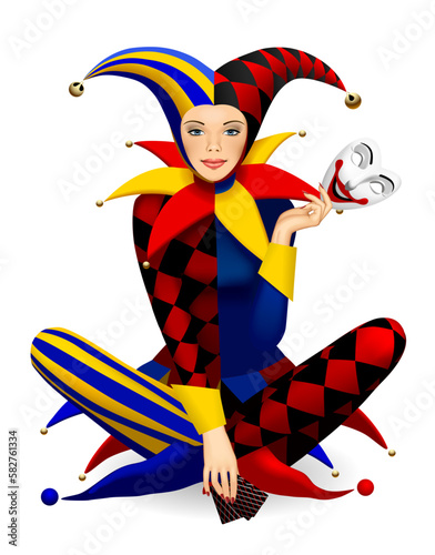 Sitting cross-legged girl dressed in a colorful Joker costume with his mask and playing cards in her hands isolated on white. Three Dimensional stylized 
drawing. Vector illustration