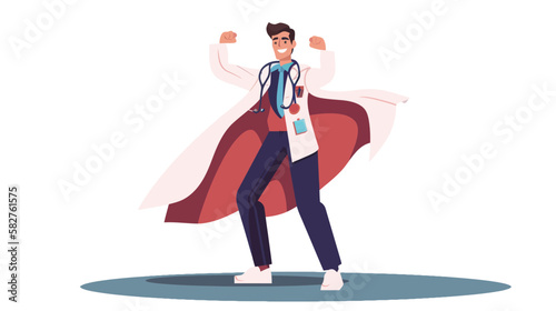Doctor super-hero in a white robe with red cape, National doctors day celebration. Vector isolated cartoon style drawing.