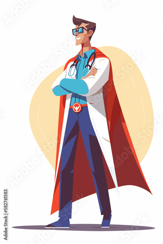 Doctor super-hero in a white robe with red cape, National doctors day celebration. Vector isolated cartoon style drawing.