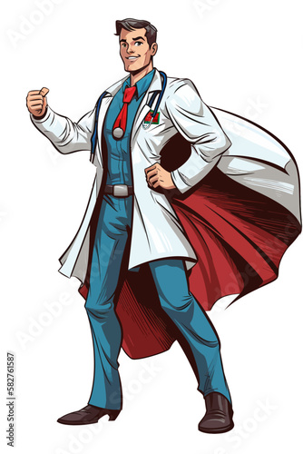 Doctor super-hero in a white robe with red cape, National doctors day celebration. Vector isolated cartoon style drawing.