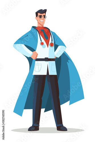 Doctor super-hero in a white robe with red cape, National doctors day celebration. Vector isolated cartoon style drawing.
