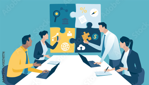 Solution. Business project management. Brainstorming The team is developing a project. Business vector illustration