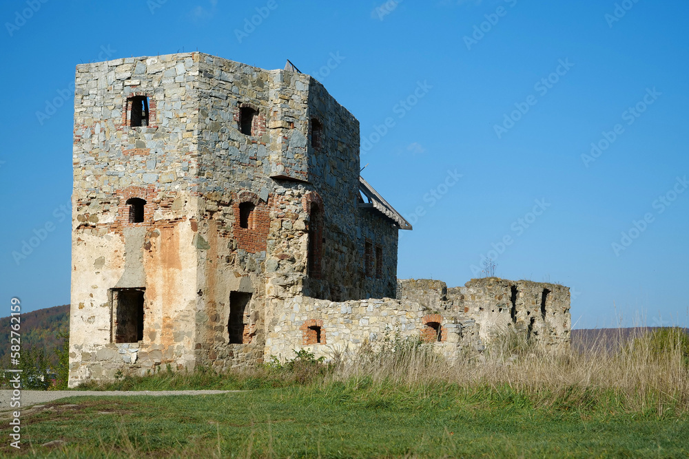 Ancient tower, turret in Pniv Castle - medieval historical object, Ukraine