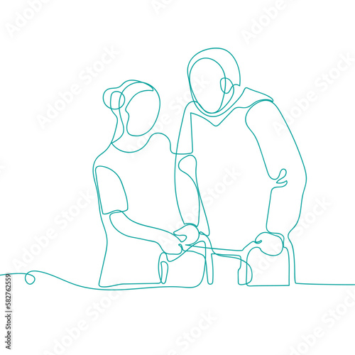 Professional caregiver looking after her patient. Disability, rehabilitation line art.