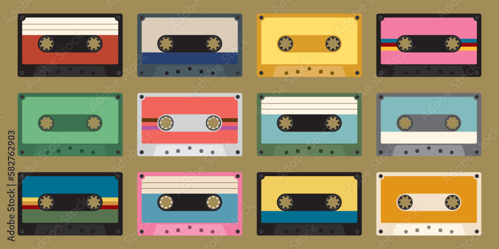 Audio cassette icons set. Colorful plastic audio cassette tapes flat design illustration. Set of different color music tapes. Audio cassette icons set. Colorful plastic audio cassette tapes flat design illustration. Set of different color music tapes.