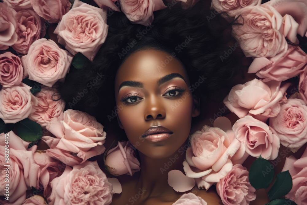 Beautiful black woman lies in pink roses. Glamor makeup and studio lighting. Photorealistic illustration generated by AI. Beautiful black woman lies in pink roses. Glamor makeup and studio lighting. Photorealistic illustration generated by AI.