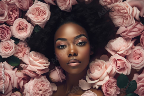 Beautiful black woman lies in pink roses. Glamor makeup and studio lighting. Photorealistic illustration generated by AI.