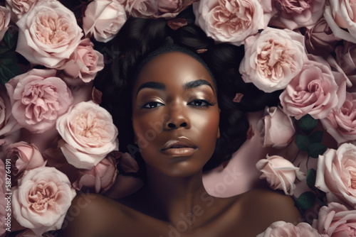 Beautiful black woman lies in pink roses. Glamor makeup and studio lighting. Photorealistic illustration generative AI.