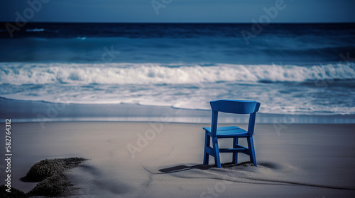blue chair in the sand on the ocean beach  generative ai