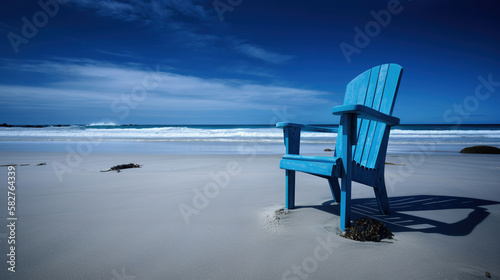 blue chair in the sand on the ocean beach, generative ai