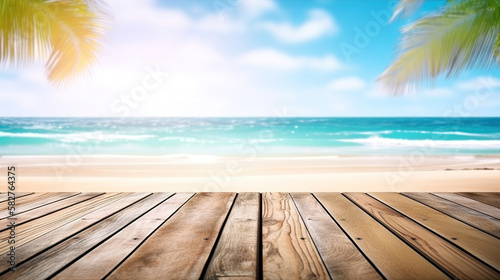 ocean beach with palm trees view with empty wooden stage, product display advertisement background, banner composition