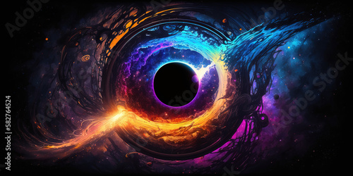 Supermassive black hole at center of galaxy cluster, surrounded by orbiting stars and planets, in futuristic, sci-fi art style. - Generative AI